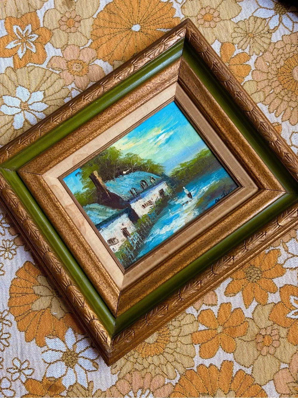 🏡🛶✨ Vintage Mid-Century Cottage Oil Painting ✨🛶🏡
